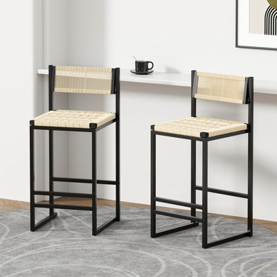 Kitchen Bar Stools With Footrest Set Of 2 Paper Rope Weave Dining Chairs Counter Height Barstool