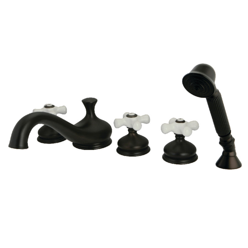 Kingston Brass Three-Handle 5-Hole Deck Mount Roman Tub Faucet with Hand Shower, Oil Rubbed Bronze