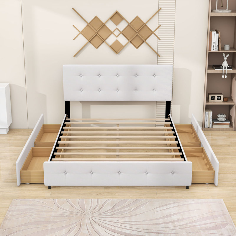 Grand lit plateforme tapissier 4 tiroirs avec tête de lit capitonnée, Blanc