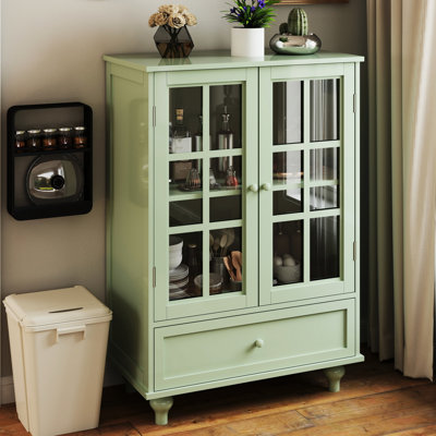 Buffet de couloir contemporain avec portes et tiroirs en verre double - menthe. Qualité fine, robustesse des pieds en bois massif, protection trempée. Tablette réglable, espace pratique. 28 po x l 15 po x 38 po