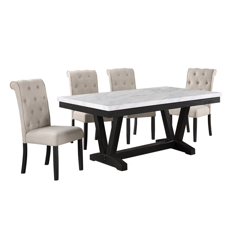 Apicella White Faux Marble Dining Set, Beige, 5 Piece