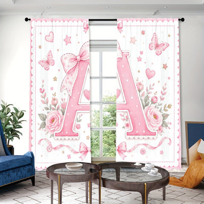 2PCS Cute Letter A Pattern Thin Light Filtering Curtains with Pink Bows and Butterflies, Spring Garden Theme Decor, Easy Hang Rod Pocket Design, All-Season for Bedroom Dormitory Decoration