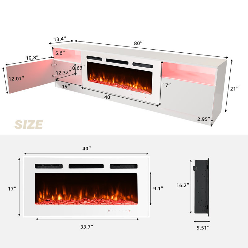 80-Inch Media Console with 40-Inch Electric Fireplace, 16-Color LED Lights & 12 Flame Effects, Accommodates TVs up to 90" - White