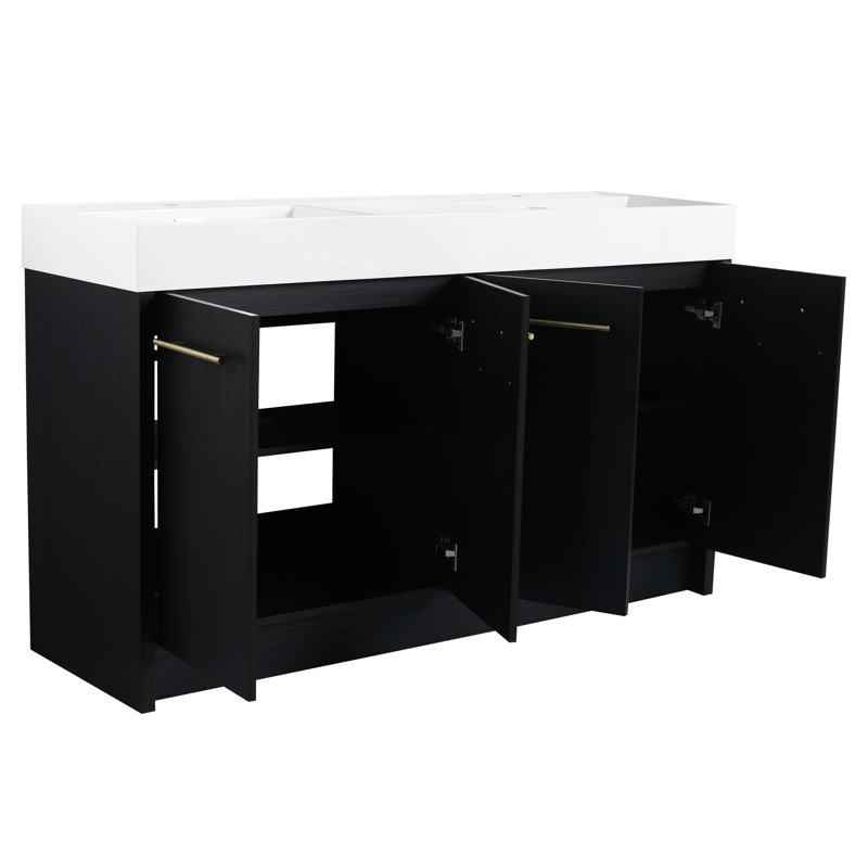 Meuble-lavabo autoportant de 60 po avec lavabo double en résine, porte, châtaignier noir moderne, compartiment de rangement abondant, style châtaignier en contreplaqué robuste, grande capacité, structure