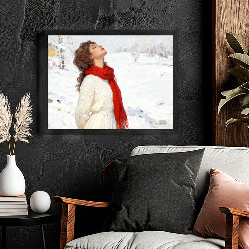 Art encadré noir, femme bohémienne, impression de paysage enneigé impressionniste, H 25 po x l 37 po