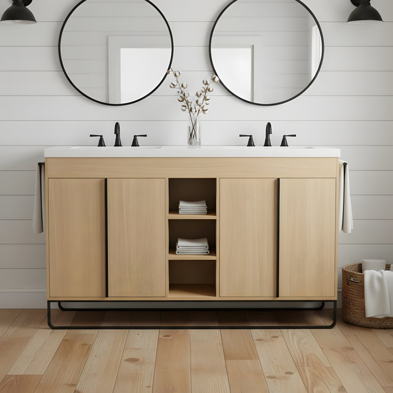 Meuble-lavabo autoportant avec lavabos doubles en résine et rangement ouvert