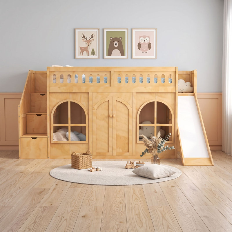 Lit mezzanine en bois avec glissade, escalier de rangement et armoire, Lit simple, Naturel