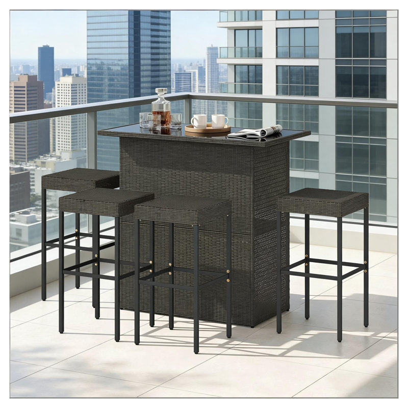 Ensemble de bar d'extérieur 5 pièces avec plateau en verre trempé et 4 tabourets de bar en rotin, mobilier de patio en métal brun foncé