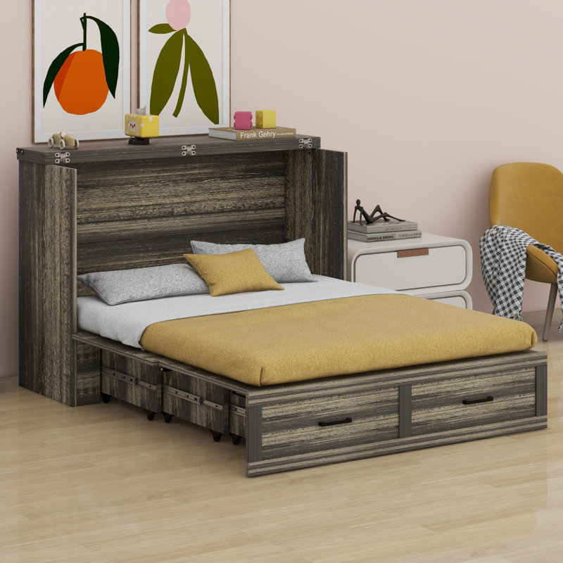 Armoire lit escamotable Murphy avec station de charge, lit plateforme pliable multifonctionnel avec 1 grand tiroir de rangement