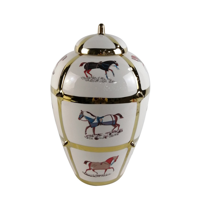Elkmont Handmade Ceramic Ginger Jar for Living Room, White with Horse Design Ginger Vase Modern Home Decor