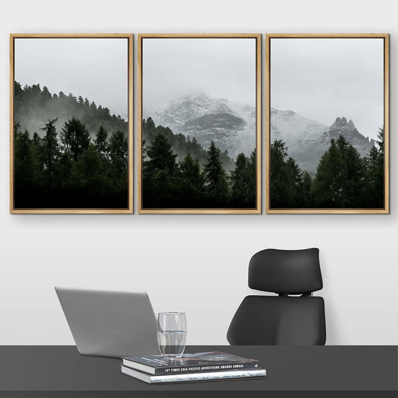 «Misty Forest Landscape Mountain with Fog Natural», reproduction de photo sur toile 3 pièces, Impression encadrée
