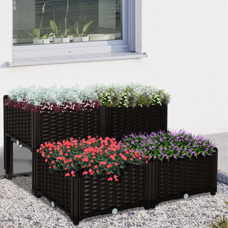 Boîte de jardin surélevée brune avec pieds et jardin, avec jardinière 4 pièces pour herbes, légumes, fleurs, plastique, lit en plastique