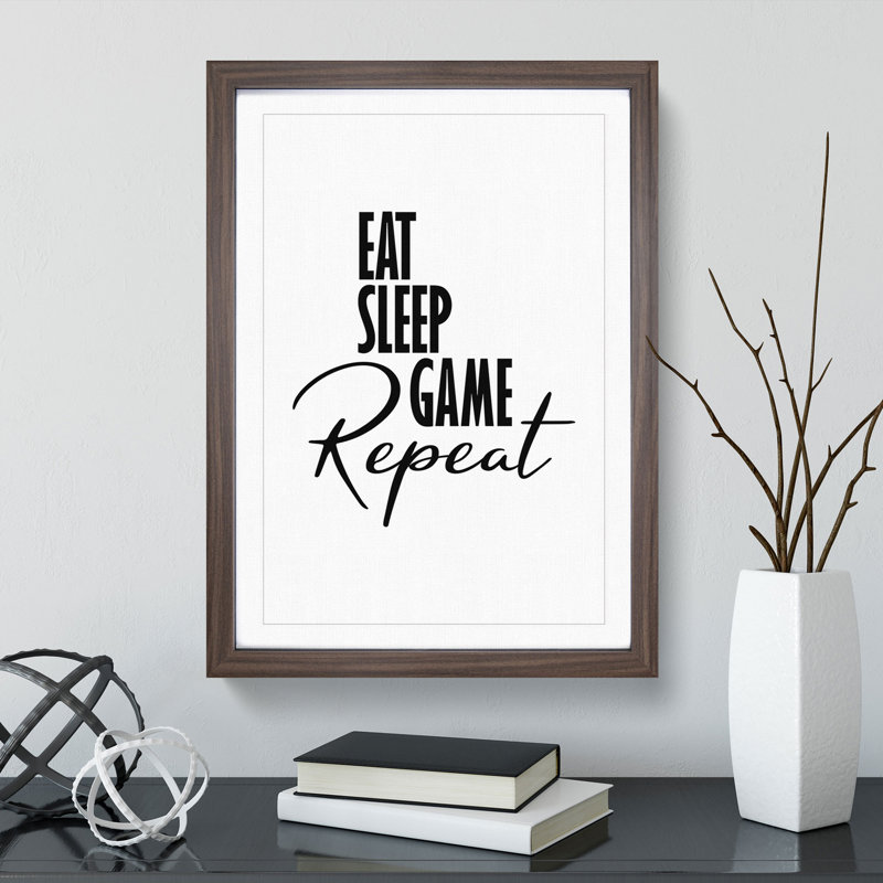 Eat Sleep Game Repeat - Picture Frame Typography, Walnut, 65cm H x 48cm W x 2cm D