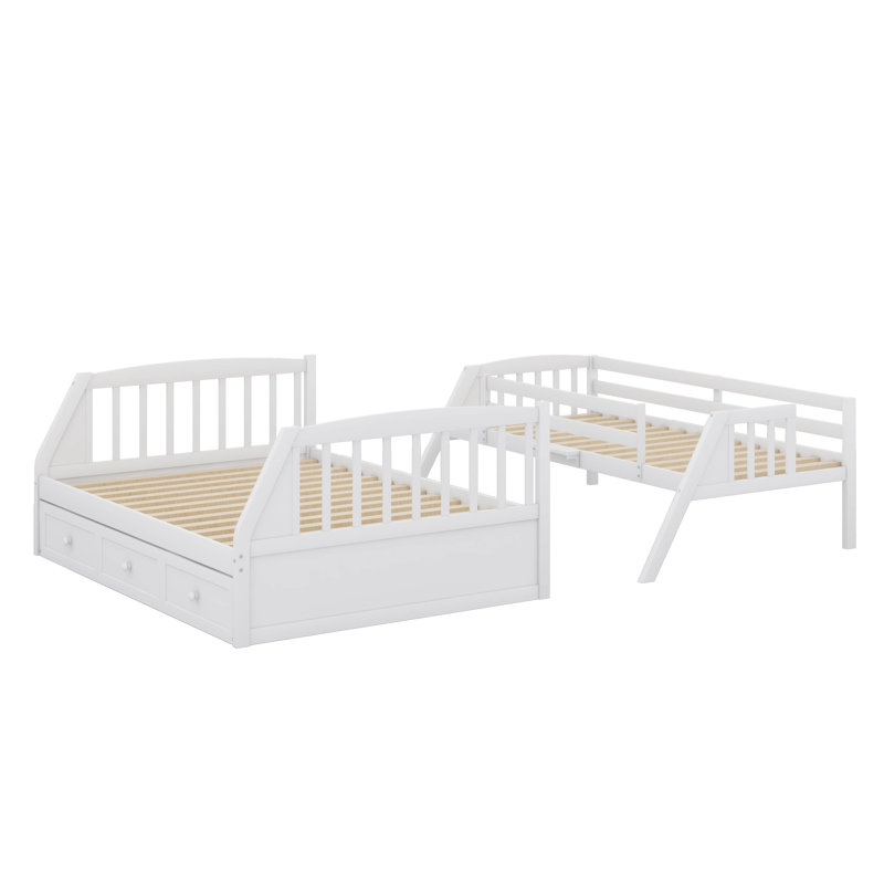 Lit superposé simple au dessus d'un lit double contemporain en bois avec escalier de rangement et échelle à 3 tiroirs, Blanc