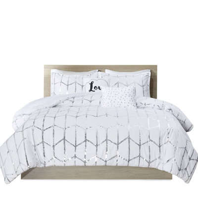 White With Silver Metallic Geometric Print, Comfortable Microfiber, 2 Shams, Decorative Pillows, Long-lasting Quality Bedding Print On White, Fabric, Low Heat Tumble Dry