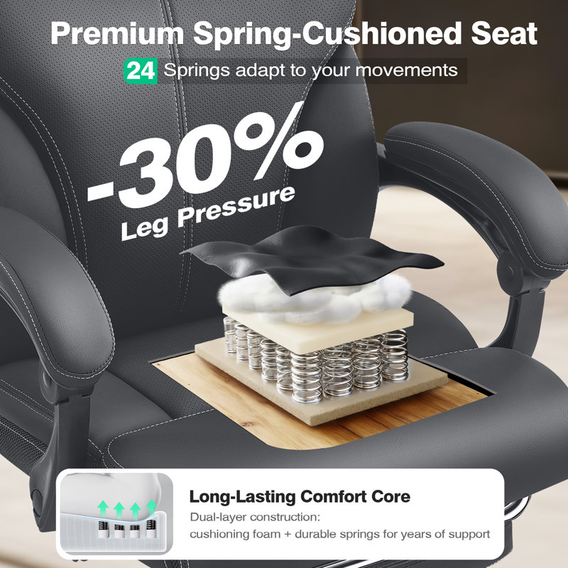 Ergonomic Executive Chair with Footrest and Flip-Up Arms, Gray, Retractable Footrest