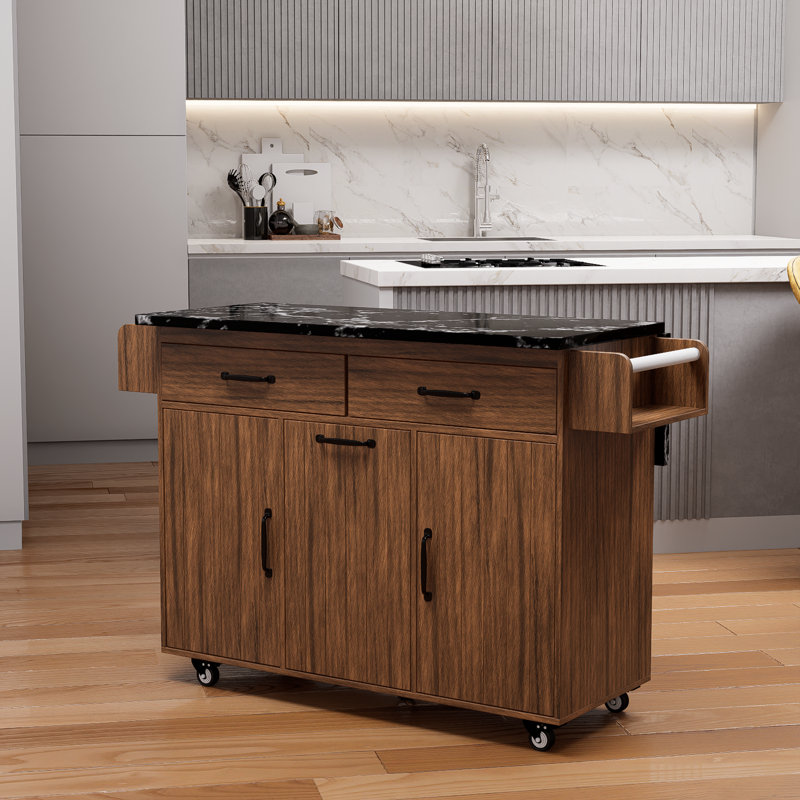 Walnut Brown Kitchen Island With Trash Can Storage, Kitchen Cart With Leaf Drop, Spice Rack, Towel Rack And Drawers, Rolling Kitchen Island With Adjustable Shelves On Wheels