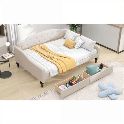 Full Size Pine Wood Linen Upholstered Daybed with 2 Storage Drawers, Beige - No Box Spring Needed