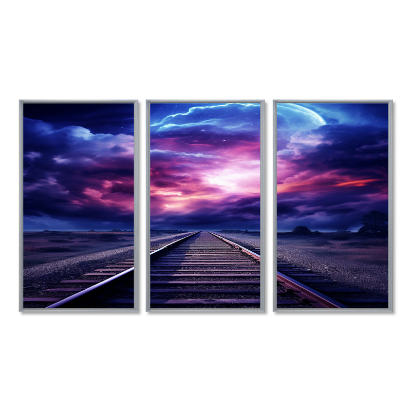 Lavande, train, rails, fuchsia, coucher de soleil I - ensemble d'art mural train, Encadrement argenté
