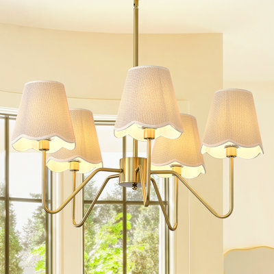Farmhouse Boho Chandeliers, 5-Lights Coastal Pendant Light with Woven Fabric Lampshade, Dining Room Light Fixture Gold Rustic Chandeliers for Kitchen Island Living Room Foyer