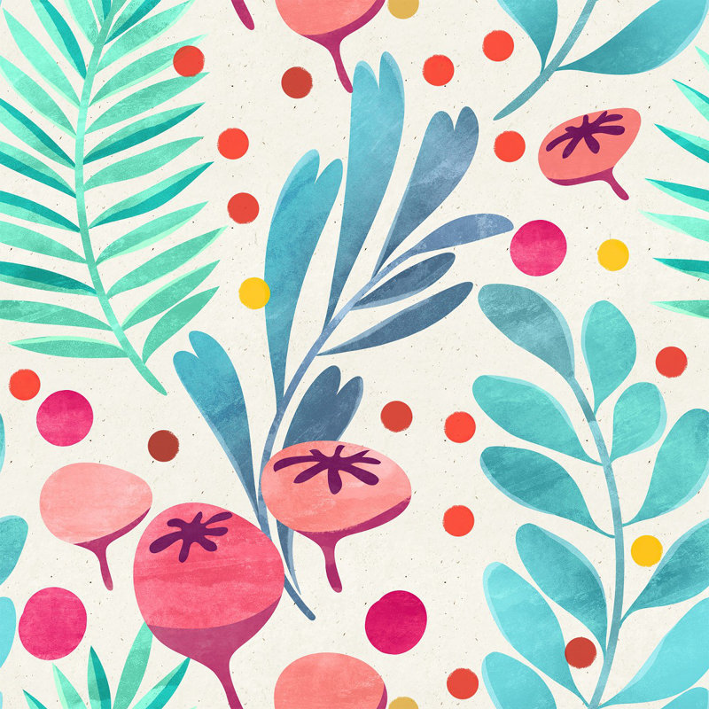 Papier peint rose musquée et feuilles, L 25 po x L 225 po