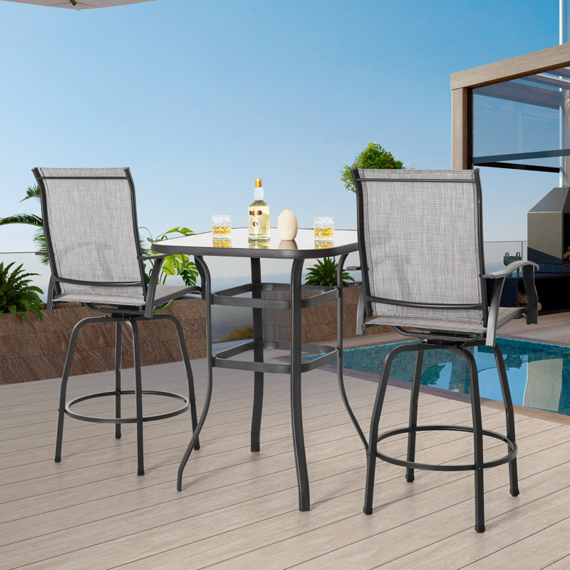 Ensemble de bar d'extérieur 3 pièces en polyester enduit de PVC, tabourets pivotants et table de bar, gris