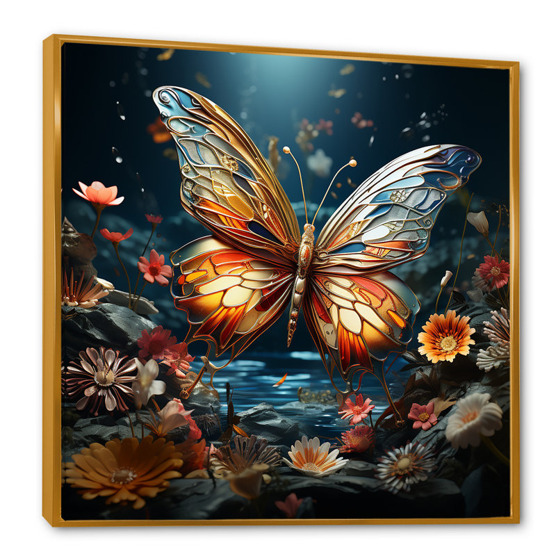 Envol de papillon sur toile, Cadre flottant doré, H 24 po x l 24 po x P 1 po