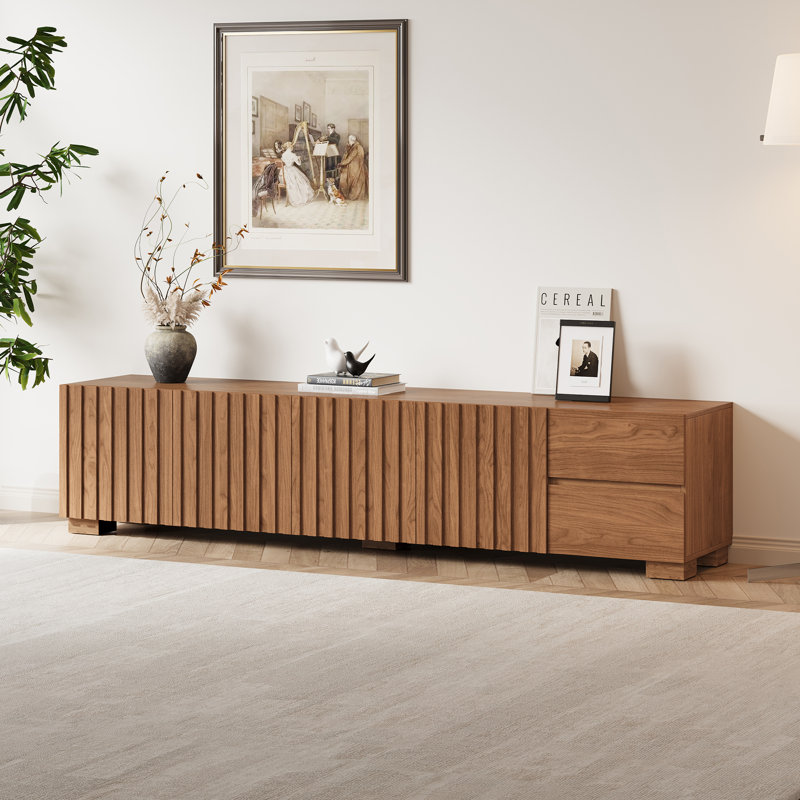 Meuble télé 79 po Mid-Century, console multimédia en bois avec de nombreux rangements, Brun