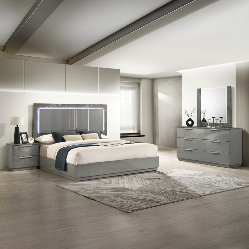 Lit Elara - marbre bicolore ultrabrillant avec laque à DEL, pieds en métal