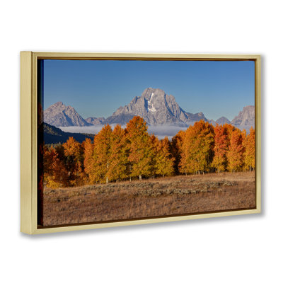 Ligne d'arbre d'automne avec cadre flottant de montagne, design par Shelley Carlisle