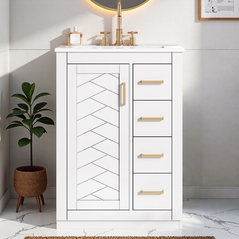 Meuble-lavabo avec lavabo en céramique, 1 armoire et 3 tiroirs, Blanc