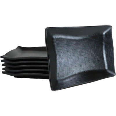 Pack Of 6 Black Silk Melamine Rectangular Wavy Sushi Dinner Buffet Plates 8.25”L