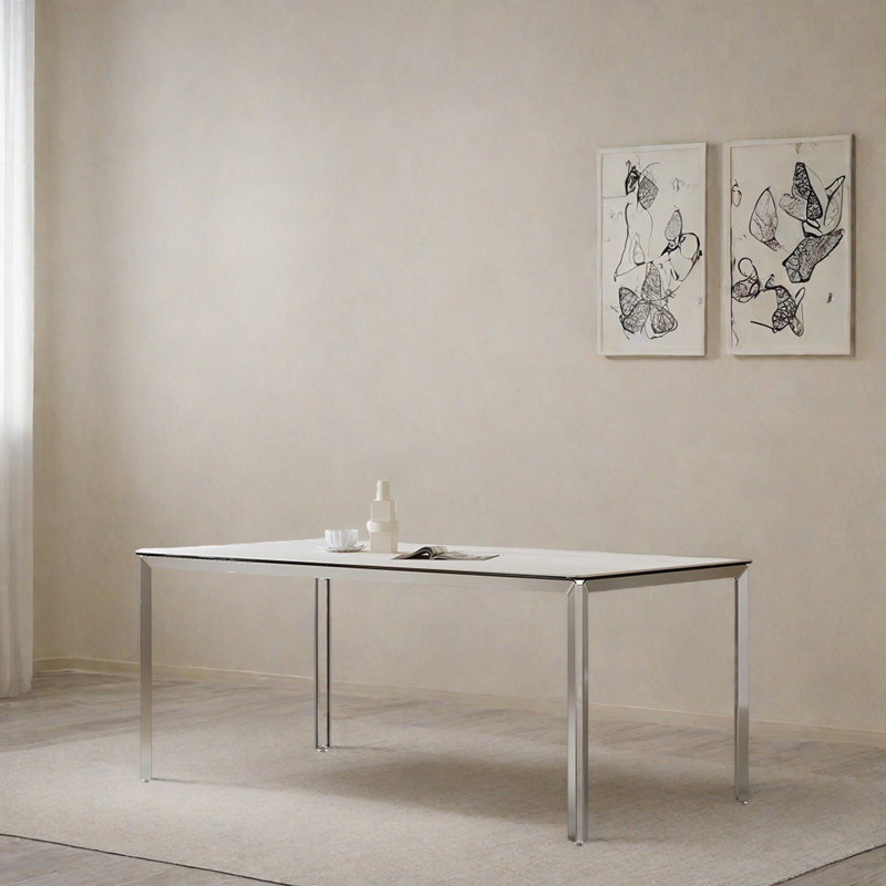 Stainless steel minimalist rectangular table, 29.52"H x 55.11"L x 31.49
