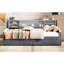 Lit simple gris avec tête de lit tapissier et plateforme avec tiroirs de rangement - Revêtement en velours-1126516484