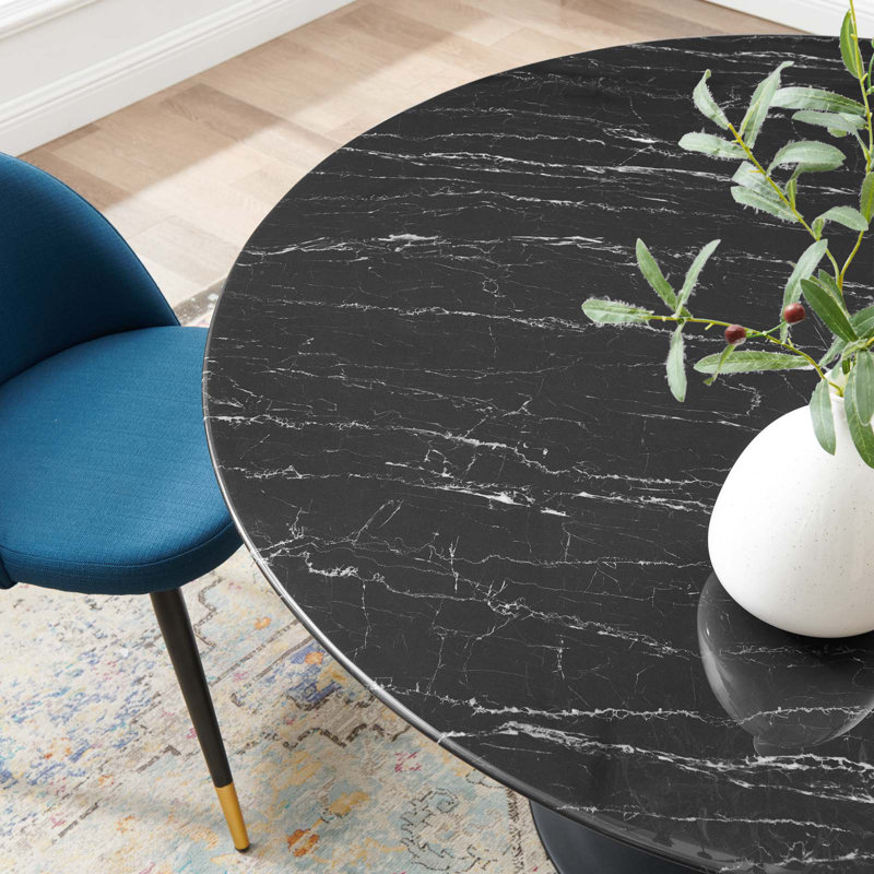 Black Oval Artificial Marble Dining Table with Metal Pedestal Base