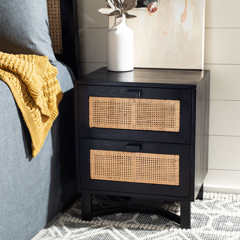 Boatwright 18'' W Nightstand – Contemporary Coastal Table with Rattan Cabinet & Crossed Base Design, Black/Natural