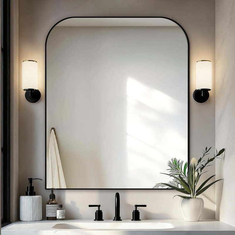 Miroir de salle de bain rectangulaire à cadre en métal noir 36 po x 30 po - Miroir mural de coiffeuse pour au-dessus du lavabo, chambre et entrée
