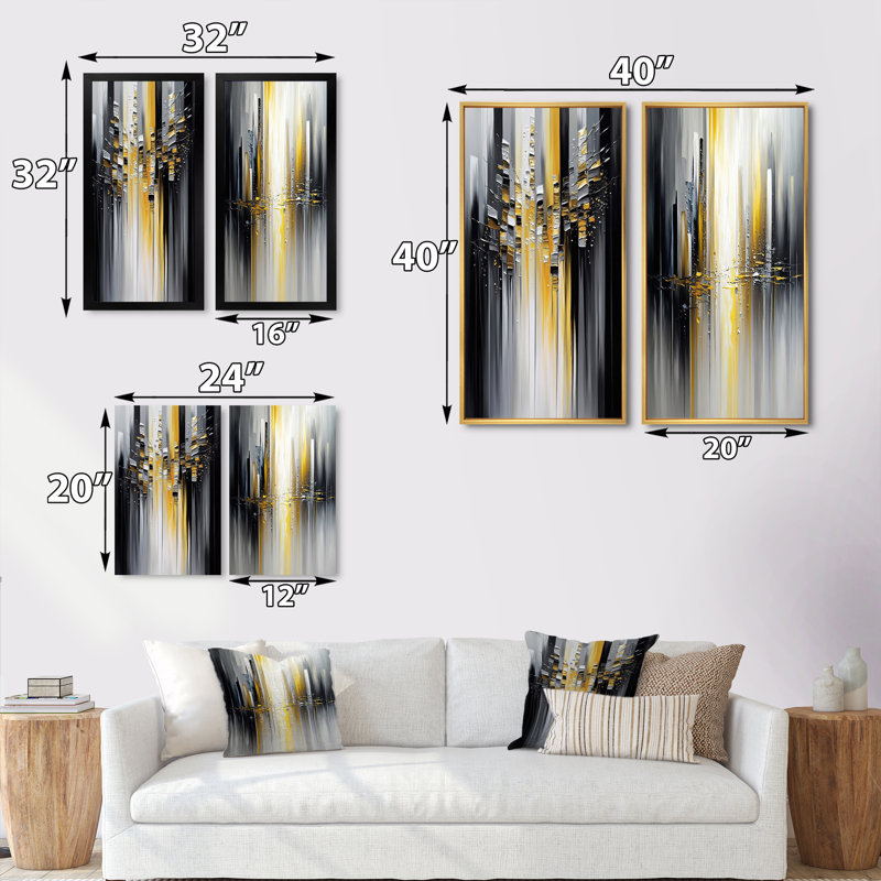"Abstrait géométrique noir et jaune I", 2 pièces sur toile, Toile tendue, H 40 po x l 40 po