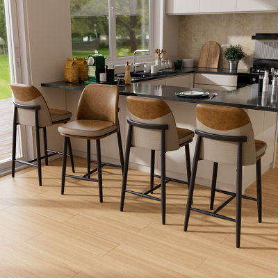 Bar Stools Set of 6, Upholstered Counter Height Bar Stools, Counter Stools 26 Inch Barstools with Back, Metal Legs and Textured Leather&Fabric for Kitchen Island Dining Room, Brown