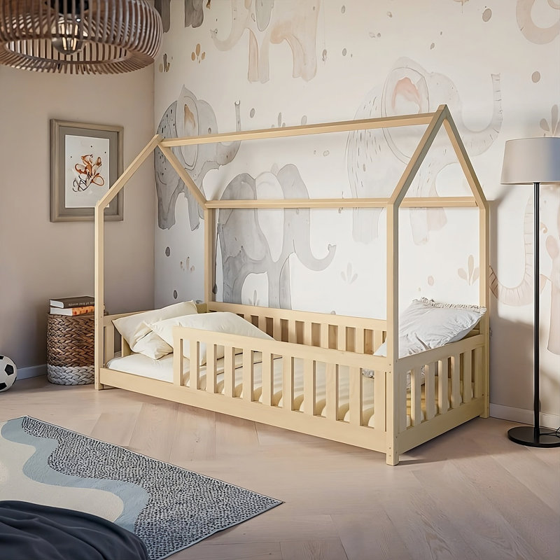 Noah Wooden House Bed EU Single - Natural Pine House-Shaped Bed with Guard Rails for a Warm, Eco-Friendly Room, Pine
