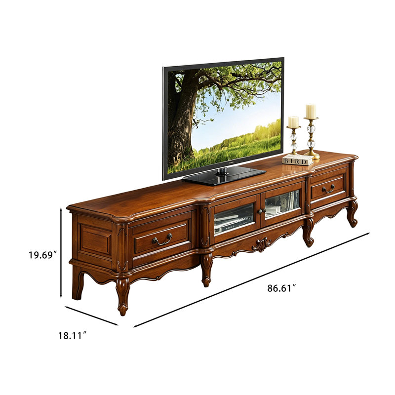 Meuble télé courbé en bois massif brun avec rangement, H 19,69 po x l 86,61 po x P 18,11 po