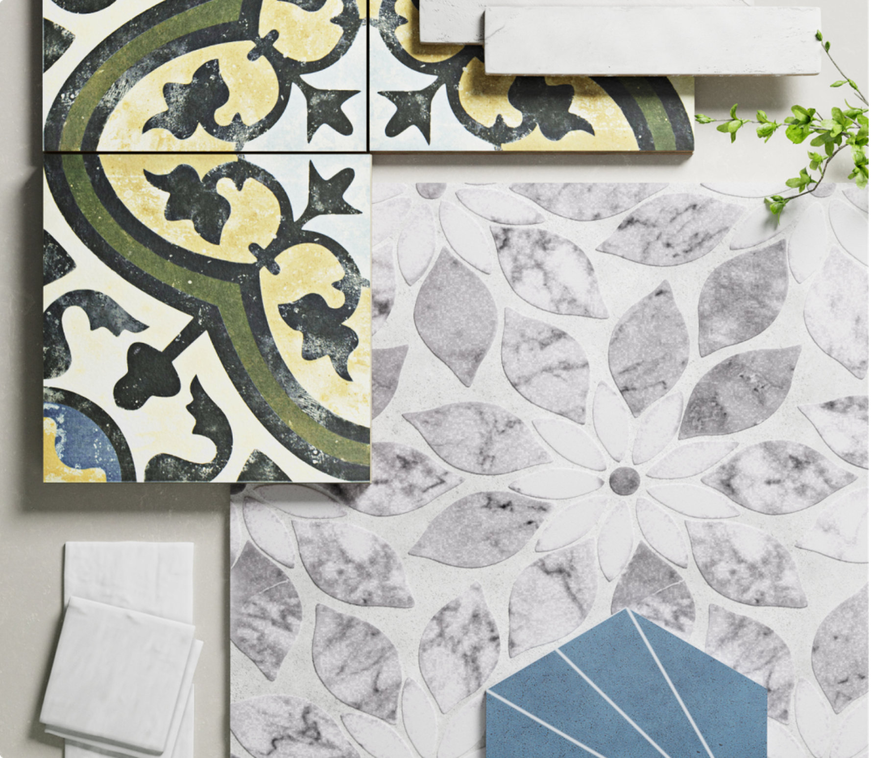 Assorted tiles featuring vintage-style patterns and marble floral designs.