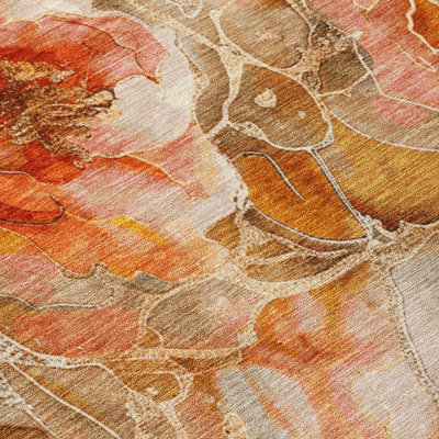 10' X 14' Orange And Gray Floral Washable Indoor Outdoor Area Rug