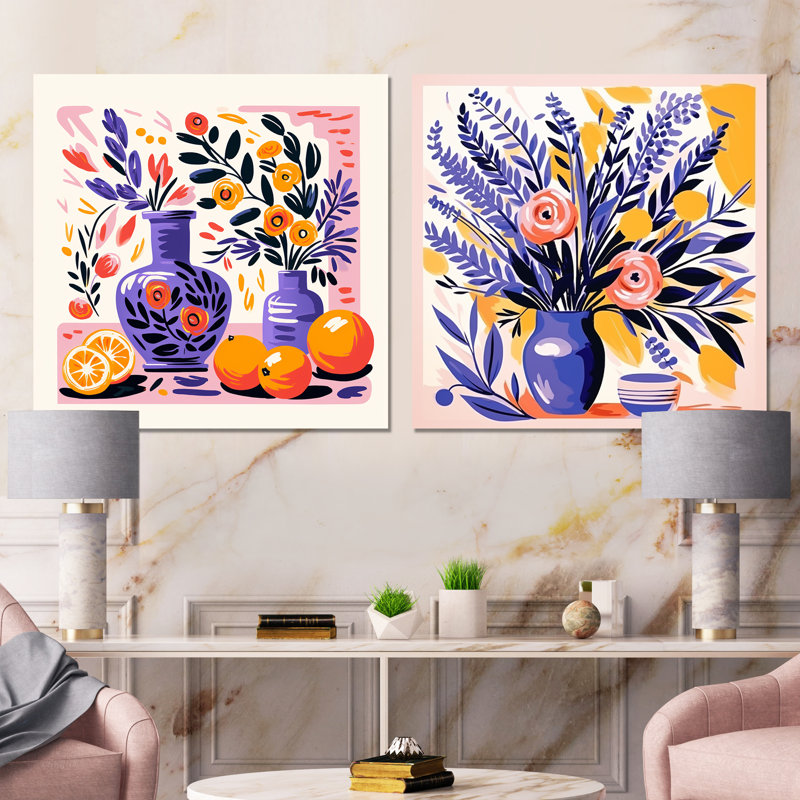 «Mauve Boho Pottery Blooms I», ensemble de 2 reproductions d'art sur toile Boho Pottery, Toile tendue
