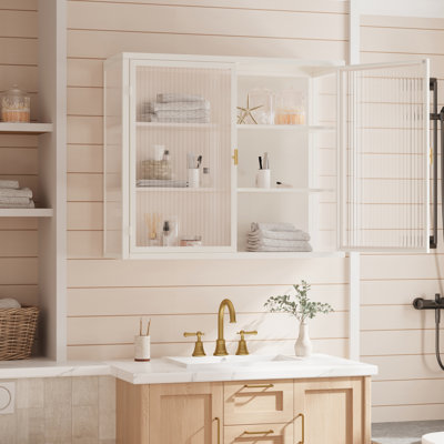 28 in. White Metal Wall-Mounted Storage Cabinet with Fluted Glass Double Doors and 3-Tier Storage