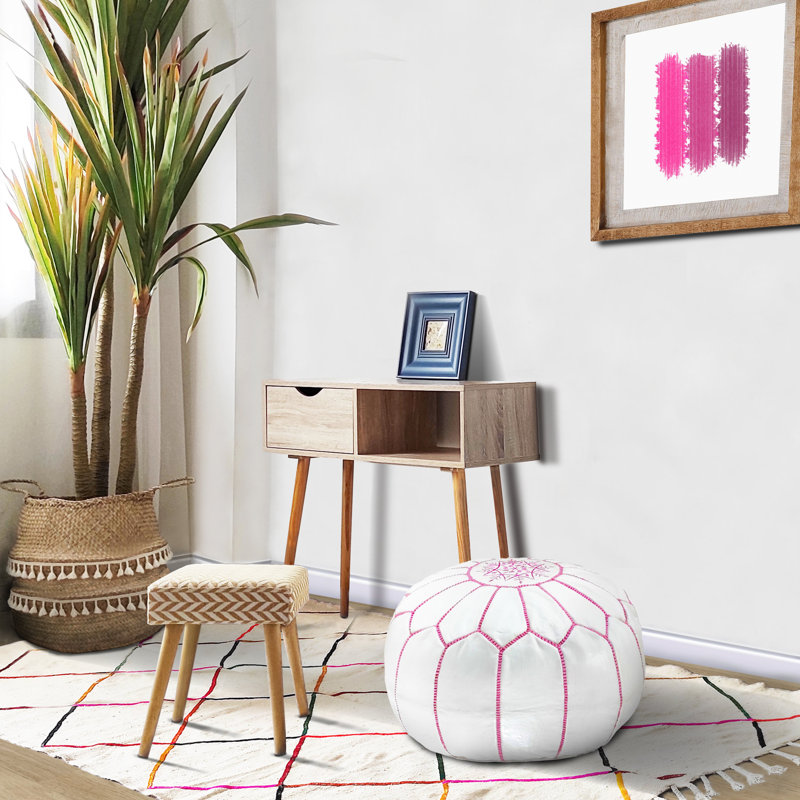 Leather Pouf, White/Pink Genuine Leather