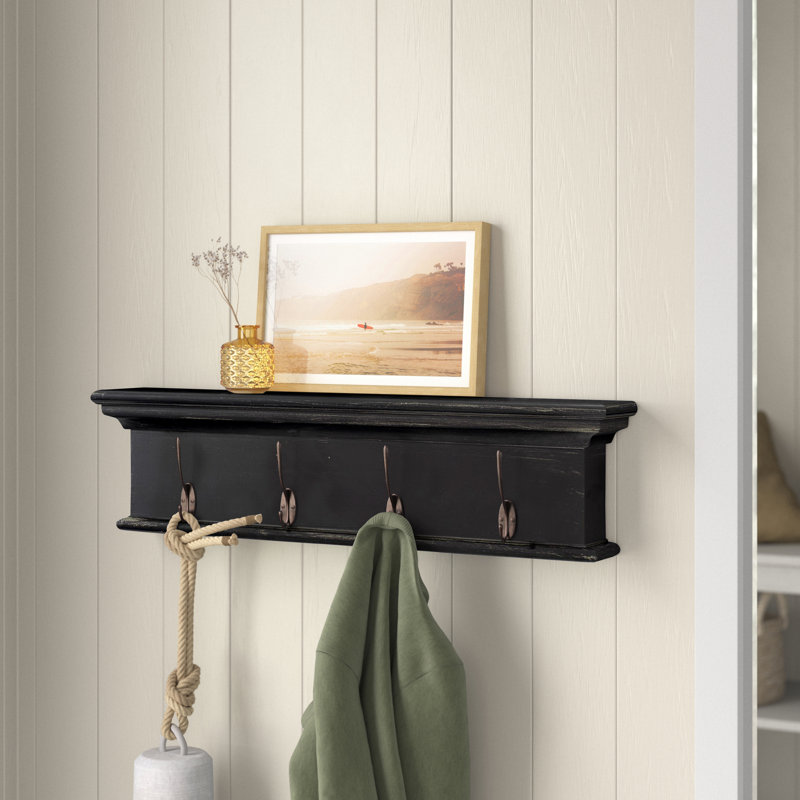28" Solid Wood Four Hook Wall Mount Coat Rack, Black White Antique