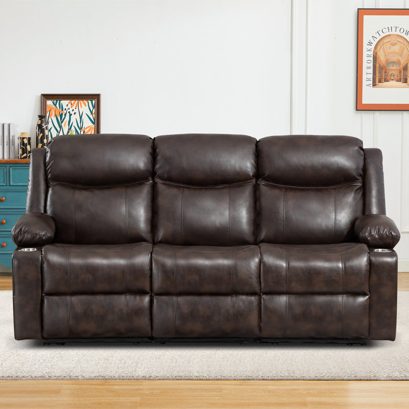 Manual Sofa Recliner With Heat, Vibration Massage & Cup Holders – Modern Pu Leather 3-Seater, Red/Brown