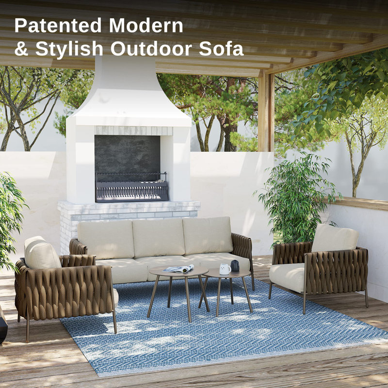 Chestnut Brown and Cream 5-Piece Outdoor Sofa Set with Round Tables