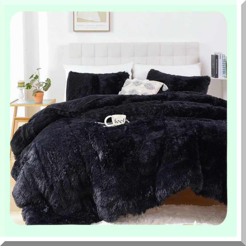 Plush Black Velvet Queen Comforter Set - Fluffy Fuzzy Double-Sided Bedding with Soft Shaggy Texture - 3 Piece Set with 1 Comforter and 2 Pillowcases
